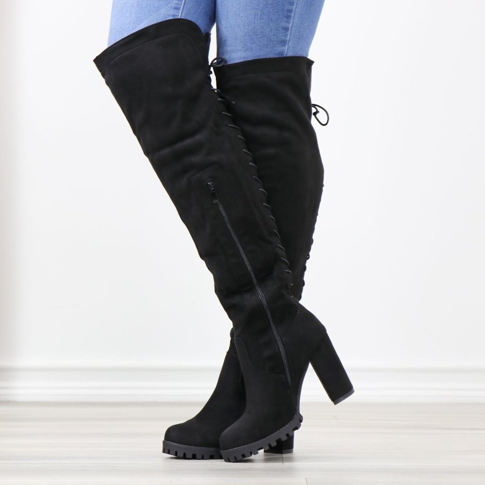 Full Lace-Up Back Black Faux Suede Thigh High Over The Knee Lug Block Heel Boots - Picture 4 of 14